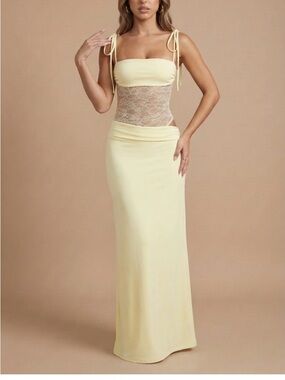 Lace-Panel Pale Yellow Maxi Dress with Tie Straps